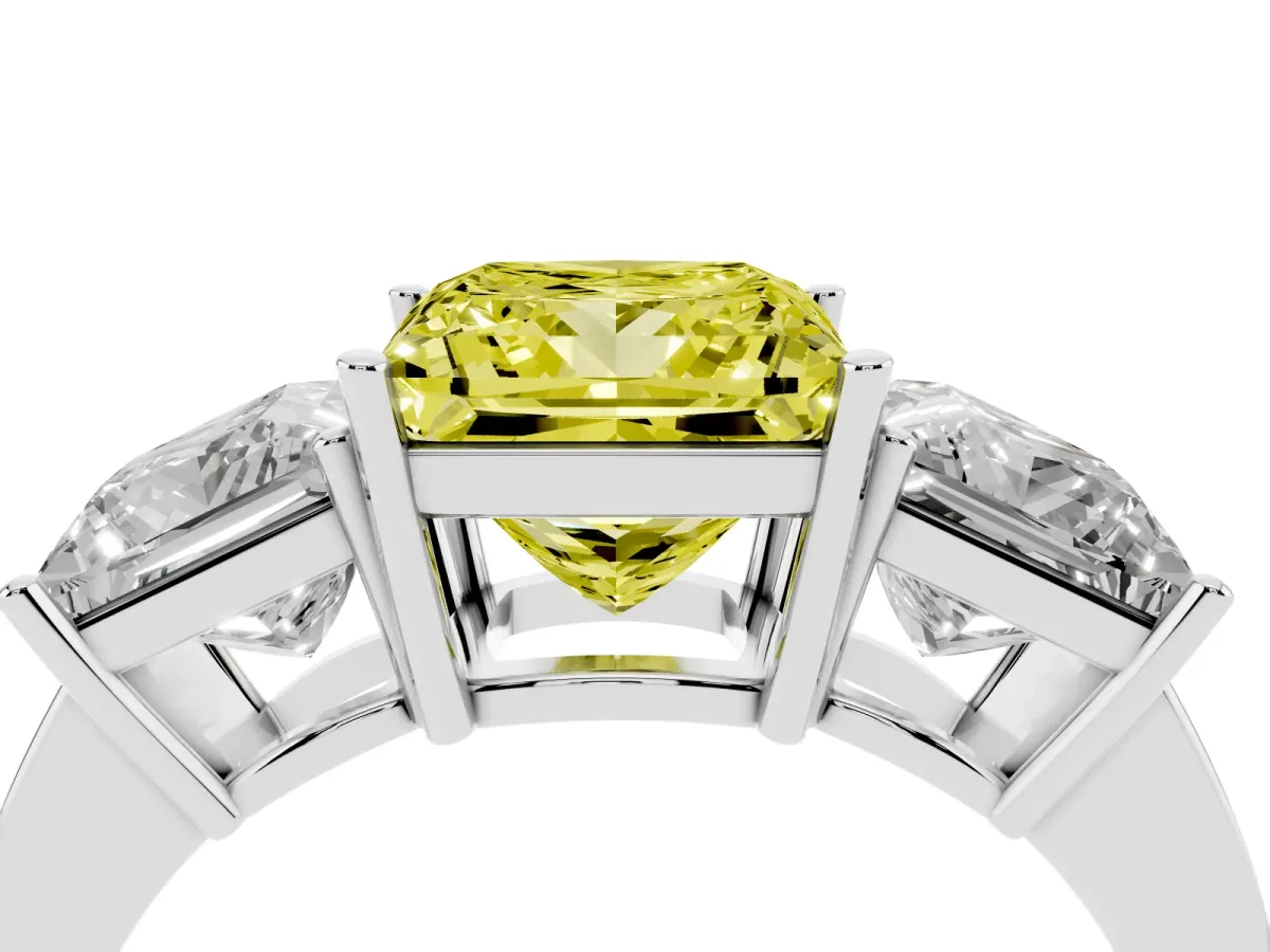 Fancy Yellow Three-Stone Princess Cut Cut Diamond Engagement Ring with Flat Band and Four-Prong Setting Silver