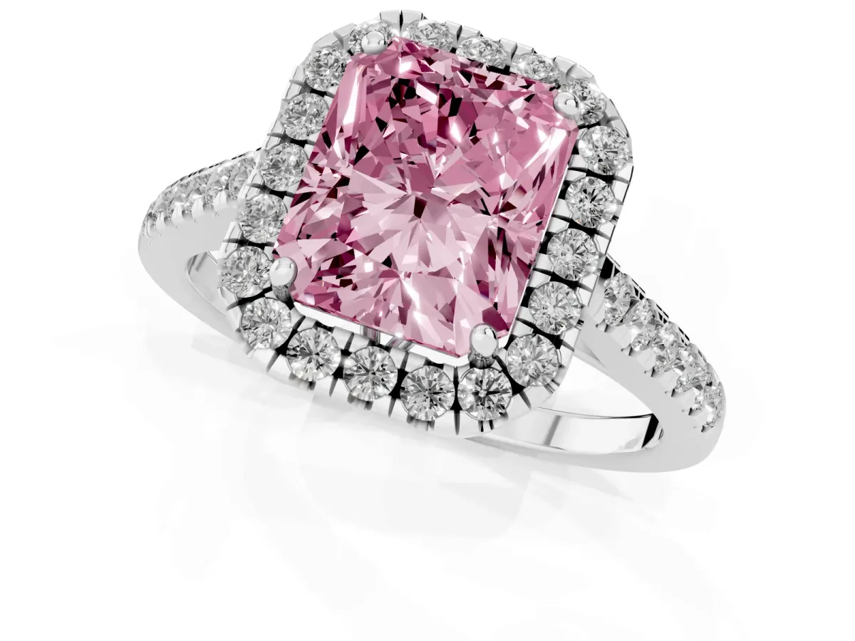 Fancy Pink Radiant Cut Halo Pavé Diamond Engagement Ring with Four-Prong Setting Silver