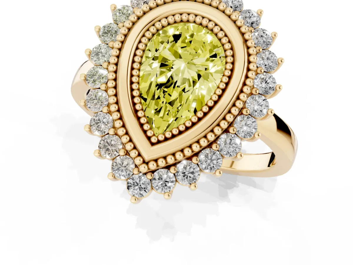 Fancy Yellow Pear Cut Halo Diamond Ring with Milgrain Edge and Round Prong Setting Yellow gold