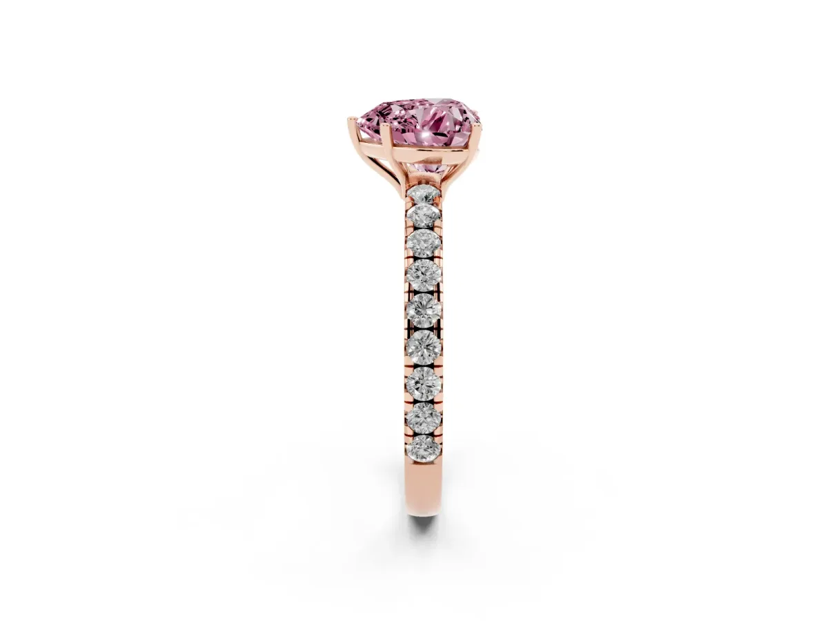Fancy Pink Heart Cut Diamond Pavé Solitaire Engagement Ring with Four-Prong Setting Rose gold