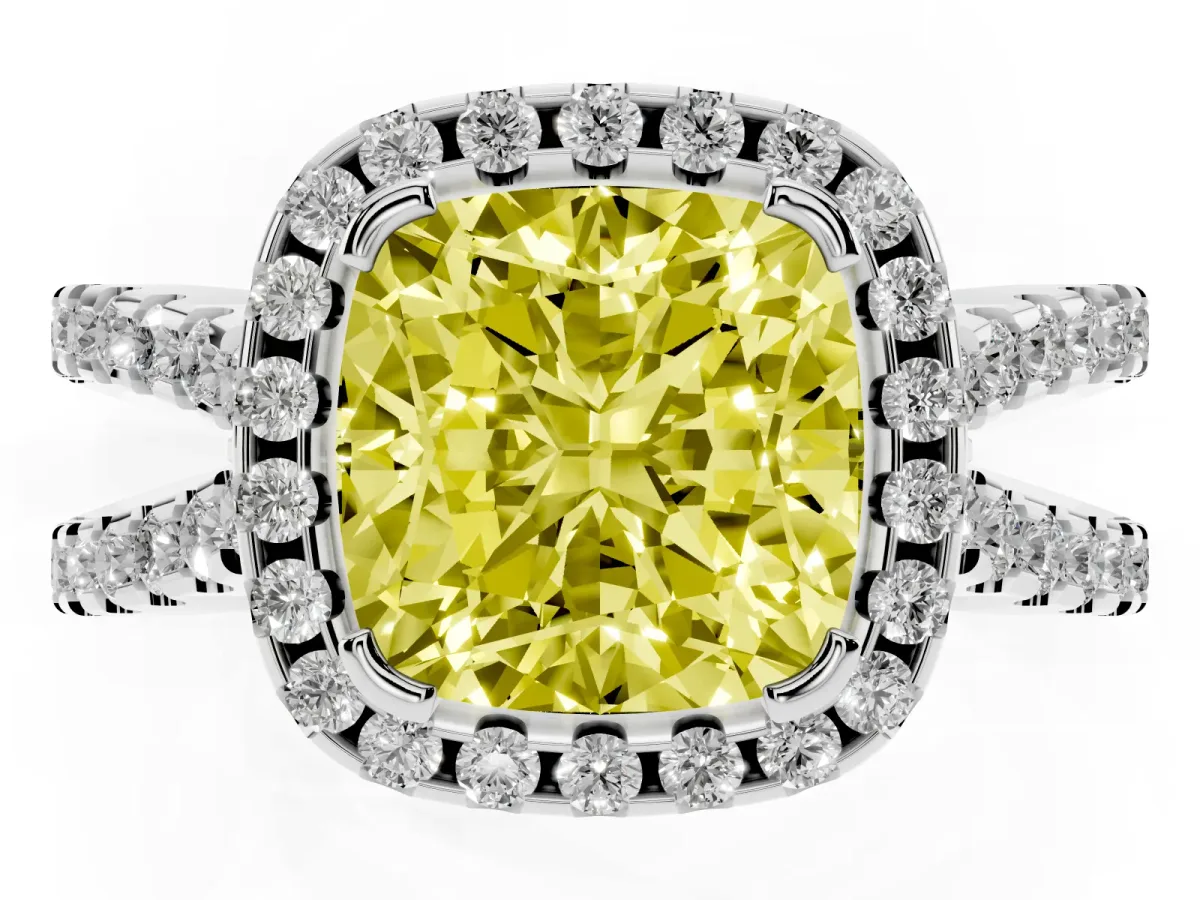 Fancy Yellow Cushion Cut Diamond Halo Ring with Split Shank Pavé Band and Prong Setting Platinum