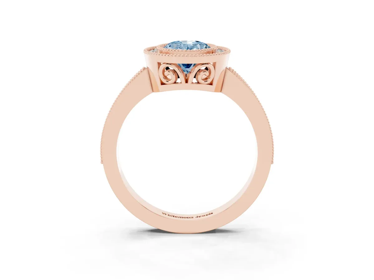 Fancy Blue Oval Cut Cut Halo Diamond Ring with Pavé Band and Milgrain Prong Setting Rose gold