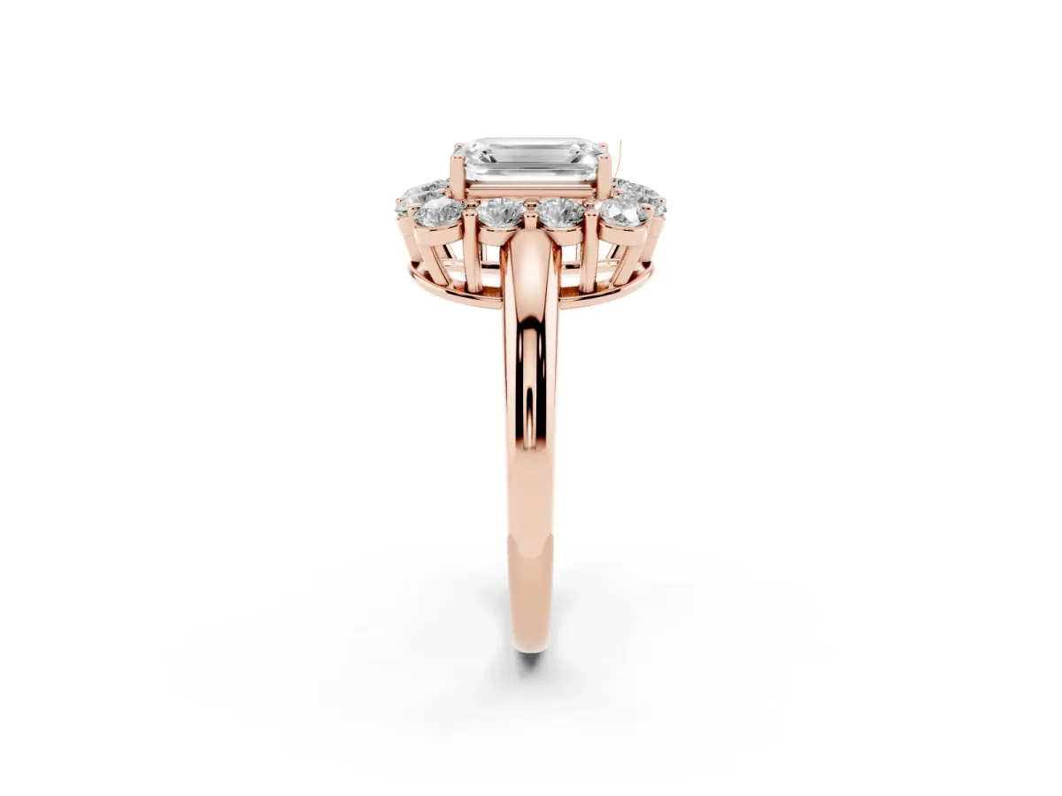 Emerald Cut Halo Cluster Diamond Engagement Ring with Prong Setting and Polished Band Rose gold