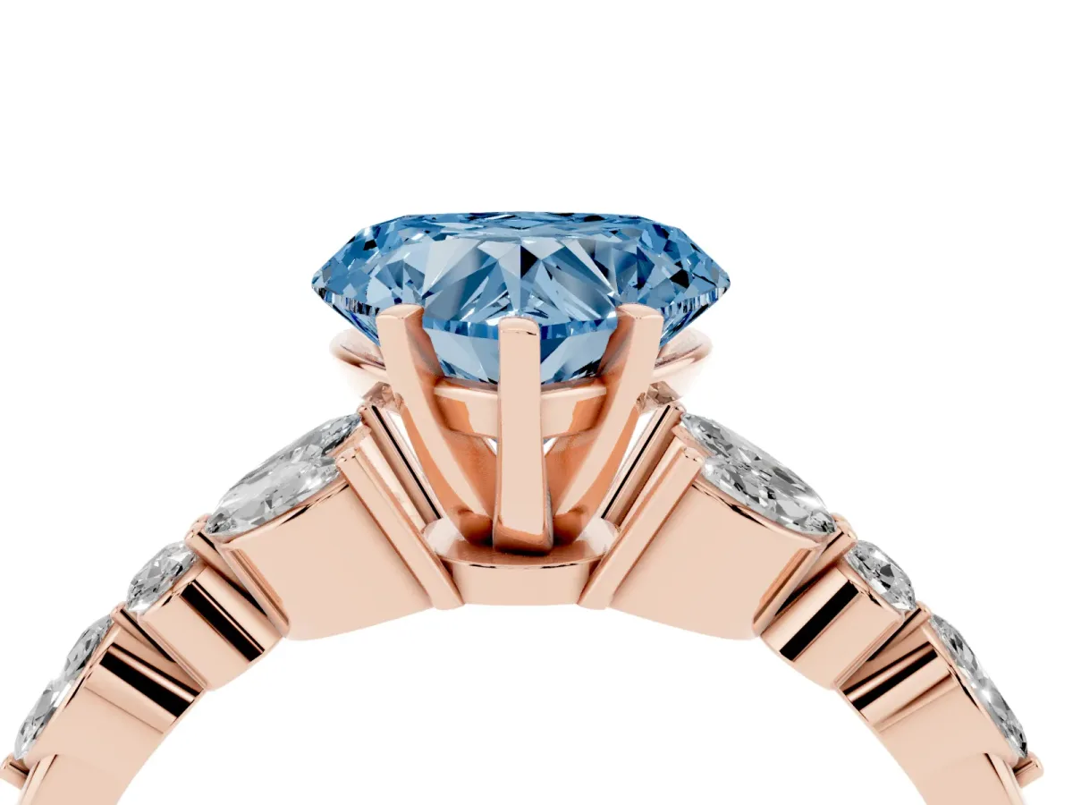 Fancy Blue Heart Cut Diamond Solitaire Ring with Side Stones and Four-Prong Setting Rose gold