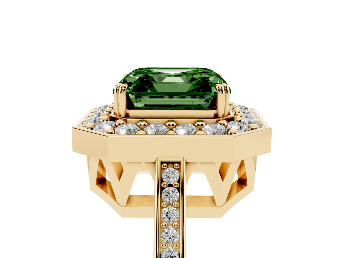 Fancy Green Asscher Cut Diamond Halo Ring with Split Shank and Four-Prong Setting Yellow gold