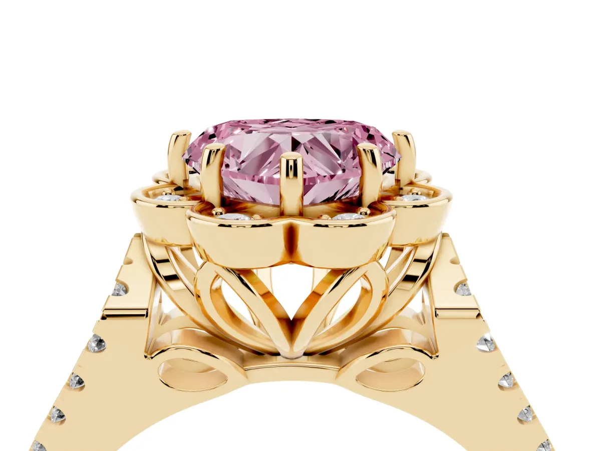 Fancy Pink Heart Cut Halo Diamond Floral Split Shank Engagement Ring Yellow gold