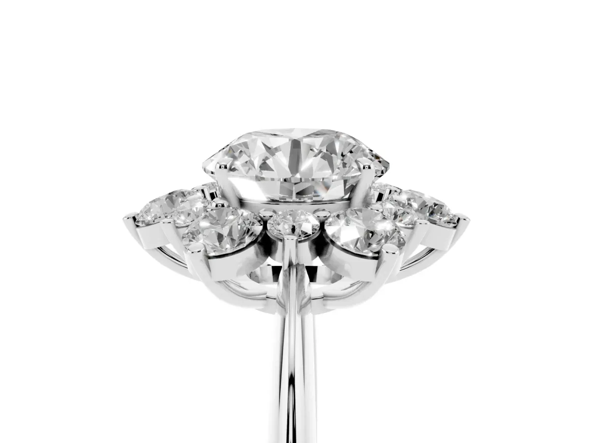 Round Cut Diamond Cluster Halo Ring with Solitaire Band and Four-Prong Setting Silver