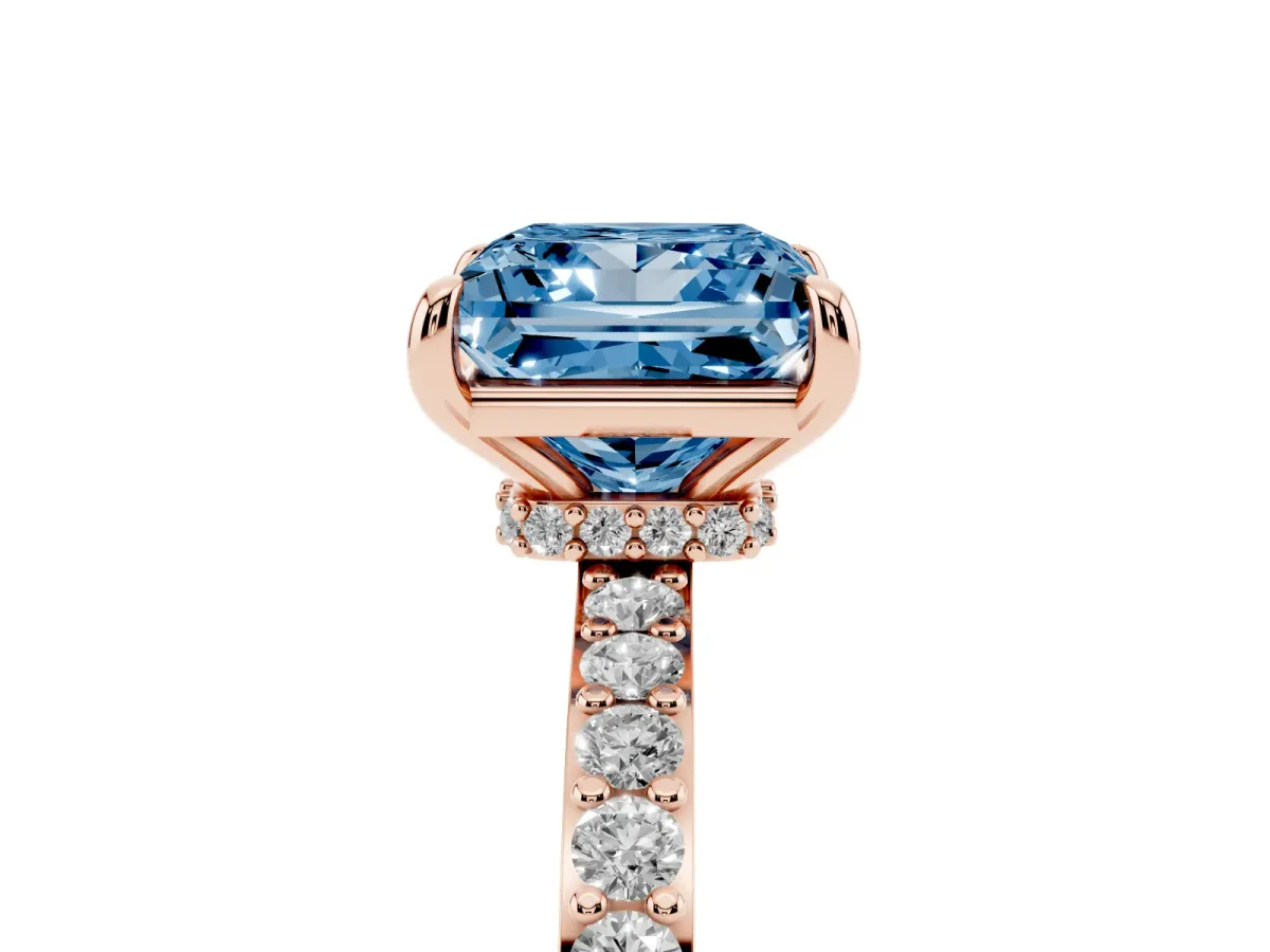 Fancy Blue Princess Cut Diamond Solitaire Engagement Ring with Pavé Band and Four-Prong Setting Rose gold