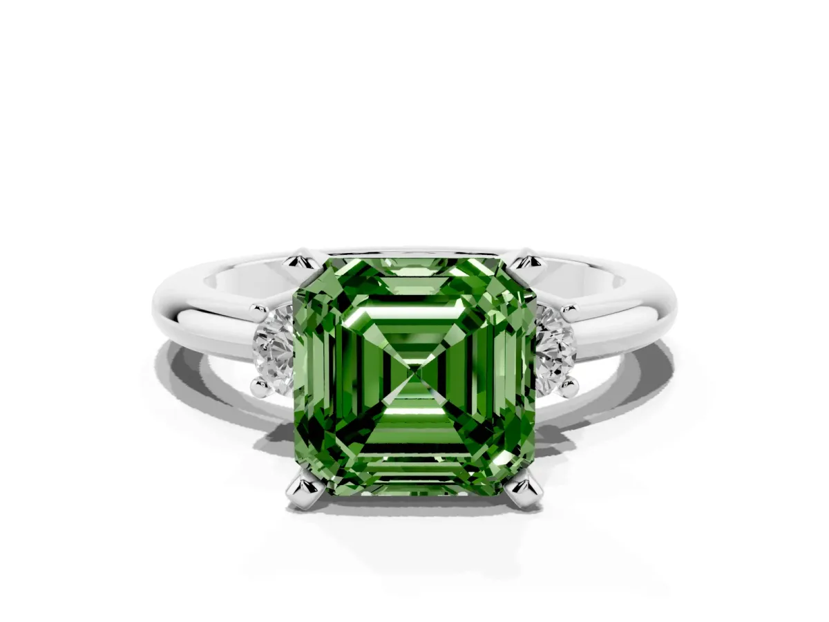 Fancy Green Three-Stone Asscher Cut Cut Diamond Solitaire with Prong Setting and Classic Band Silver