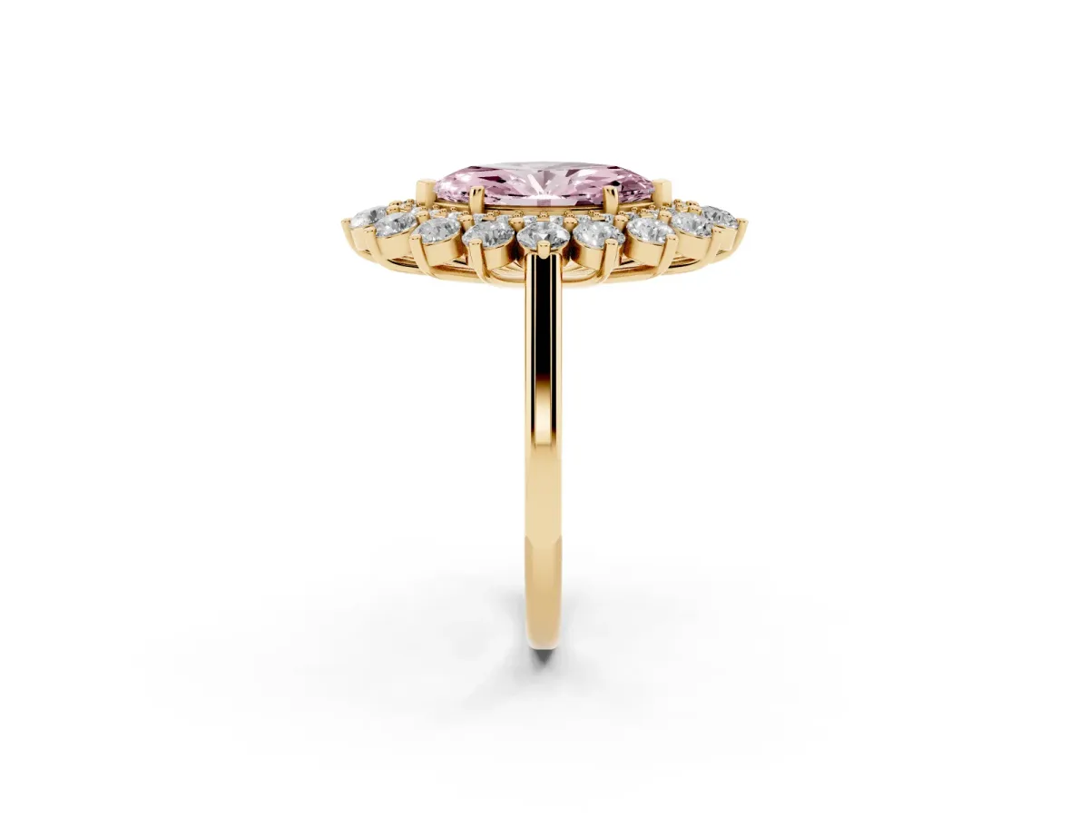Fancy Pink Marquise Cut Diamond Floral Double Halo Engagement Ring with Prong Setting Yellow gold