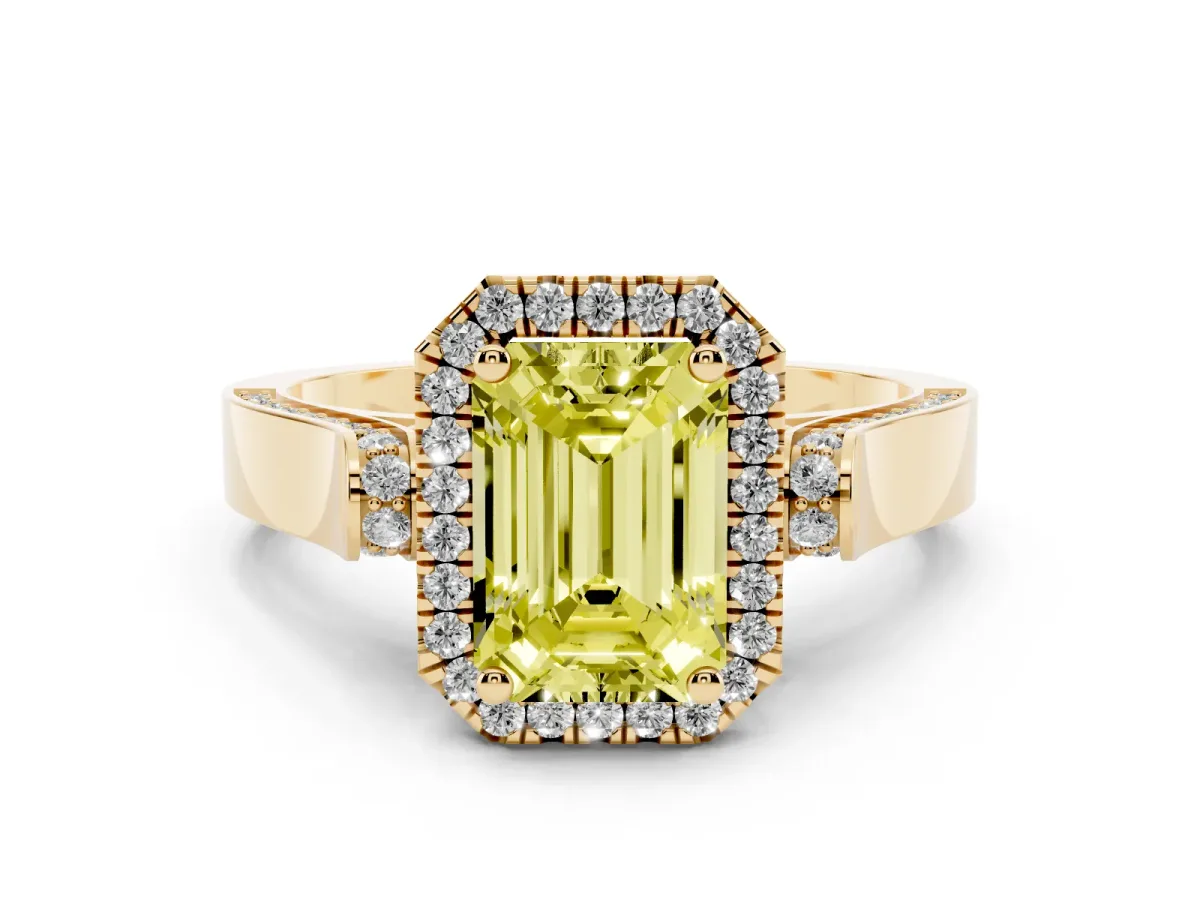 Fancy Yellow Emerald Cut Halo Round Diamond Twist Band with Four-Prong Setting Yellow gold