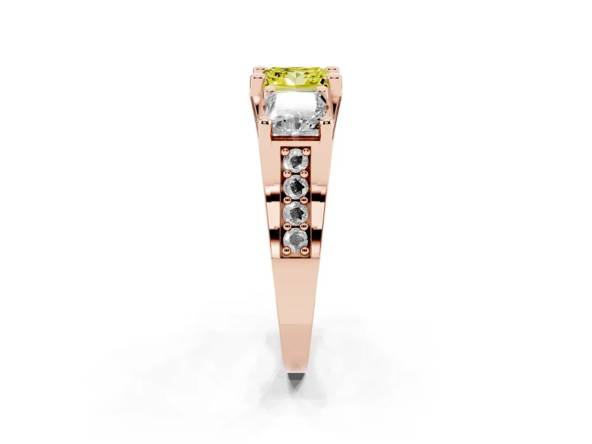 Fancy Yellow Princess Cut Diamond Three-Stone Ring with Channel Set Band and Four-Prong Setting Rose gold