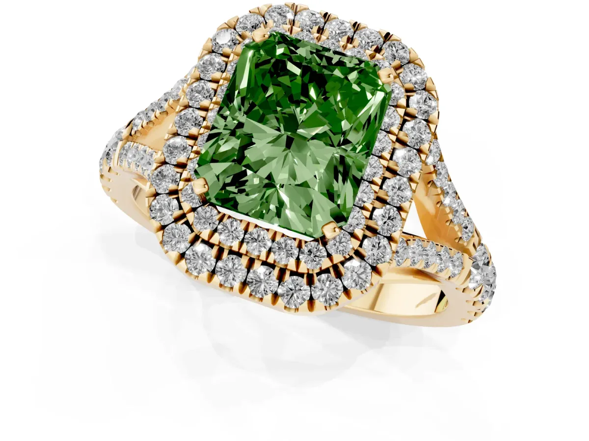 Fancy Green Radiant Cut Cut Double Halo Split Shank Diamond Ring with Prong Setting Yellow gold