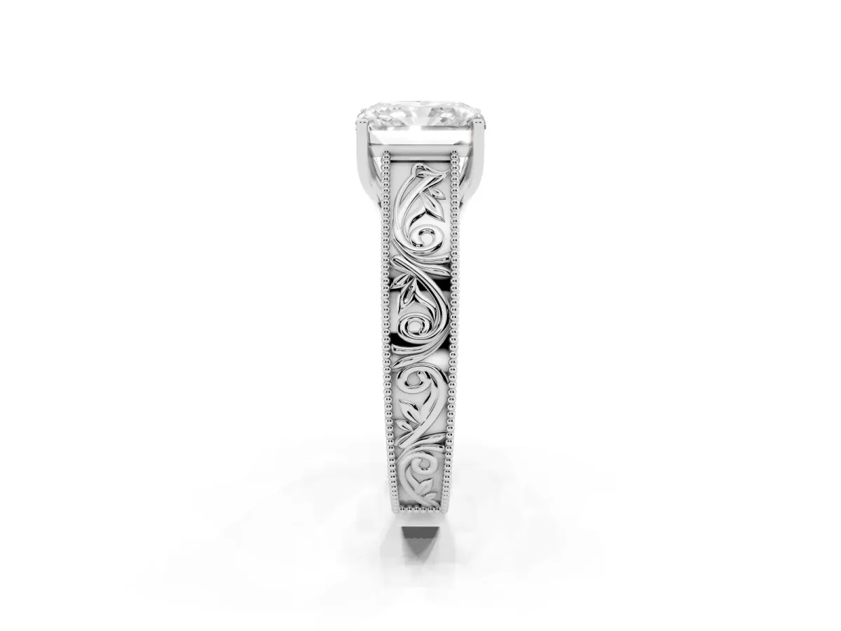 Radiant Cut Diamond Solitaire Ring with Engraved Band and Four-Prong Setting Platinum