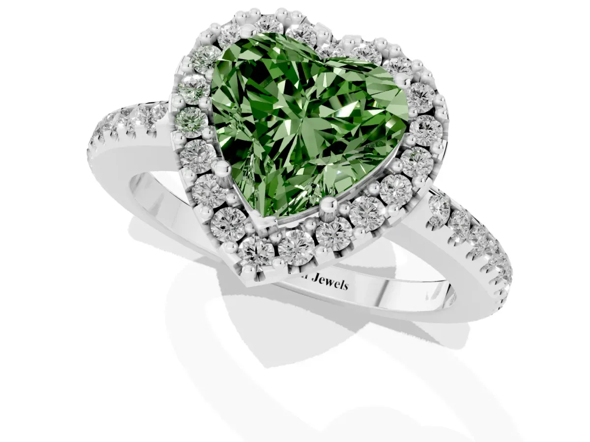 Fancy Green Heart Cut Diamond Pavé Halo Ring with Four-Prong Setting Silver