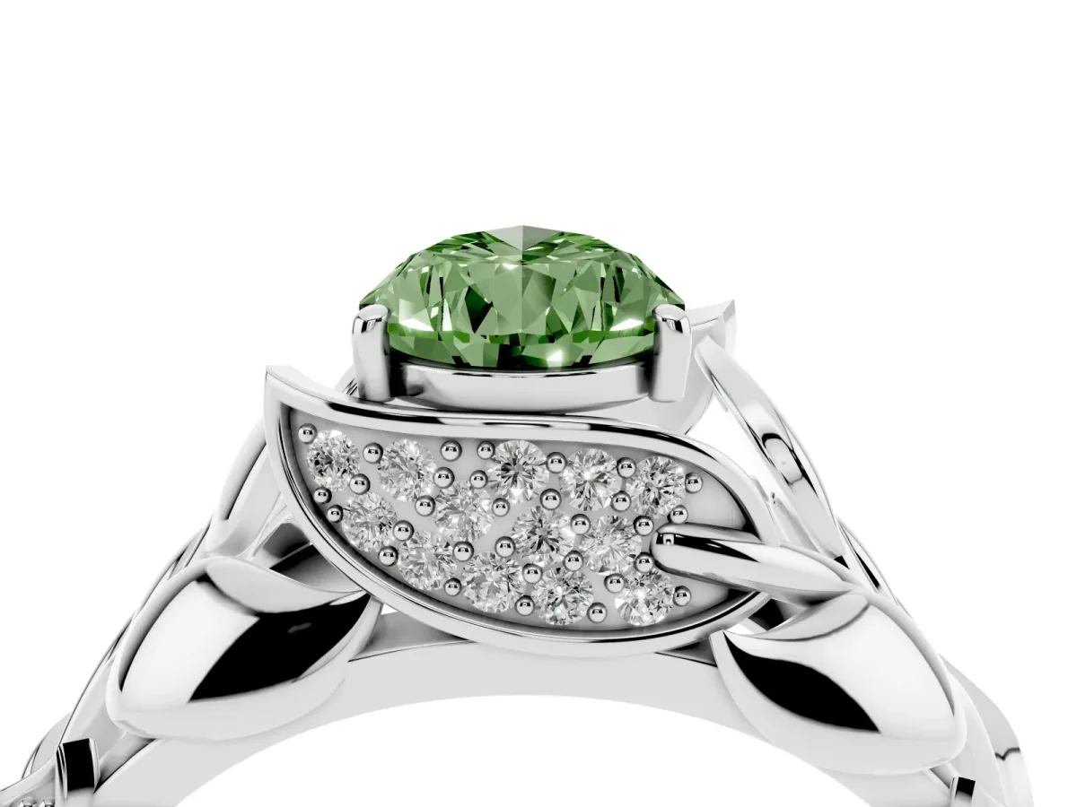 Fancy Green Pear Cut Diamond Leaf-Inspired Engagement Ring with Round Accents and Prong Setting Silver