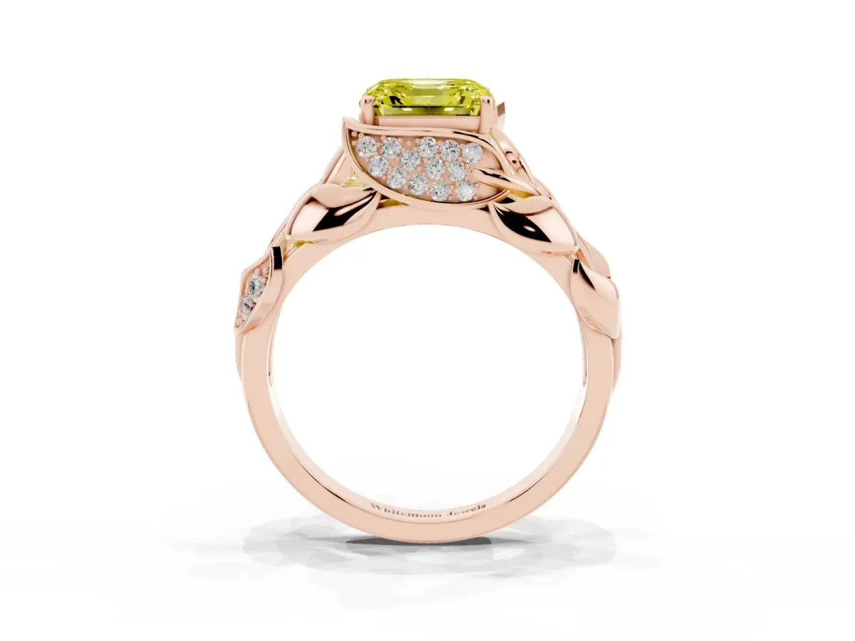 Fancy Yellow Asscher Cut Diamond Leaf-Inspired Engagement Ring with Round Accents and Prong Setting Rose gold
