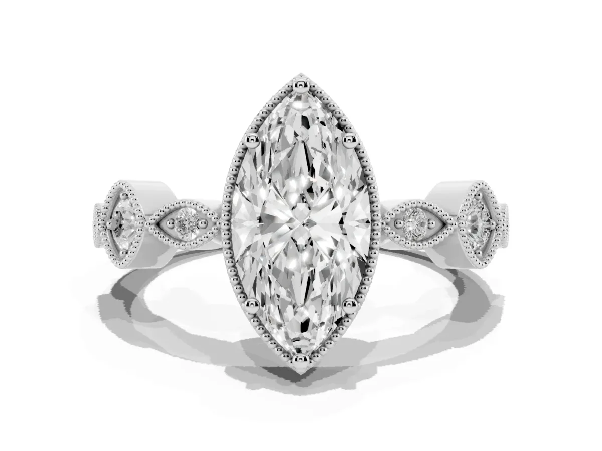 Marquise Cut Diamond Vintage Milgrain Ring with Round Stations Silver