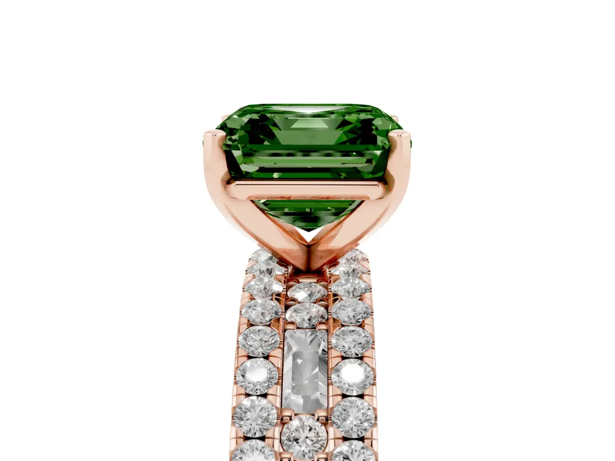 Fancy Green Asscher Cut Diamond Solitaire Ring with Pavé and Channel Set Band Rose gold