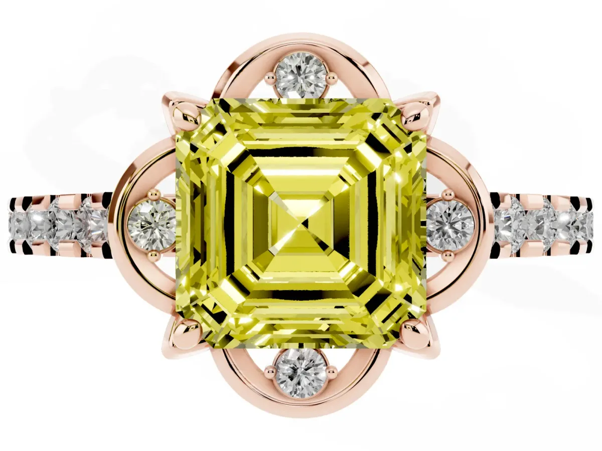 Fancy Yellow Asscher Cut Diamond Ring with Pavé Band and Floral Prong Setting Rose gold