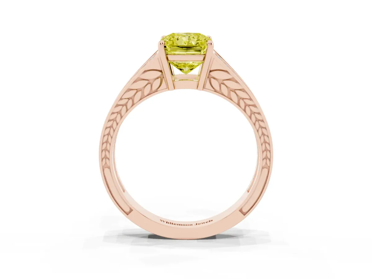 Fancy Yellow Radiant Cut Diamond Split Shank Ring with Pavé Band and Four-Prong Setting Rose gold