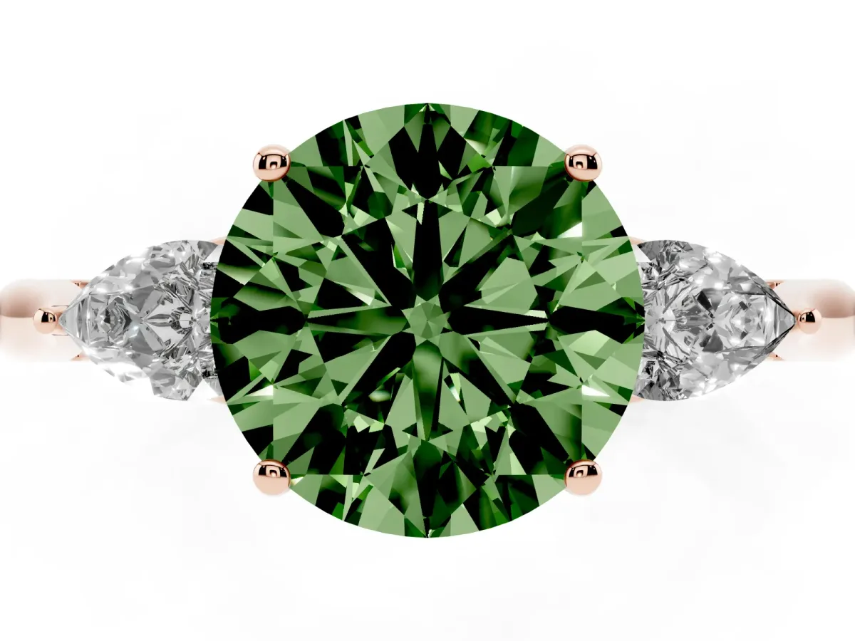 Fancy Green Round Cut Diamond Three-Stone Ring with Pear Side Stones and Prong Setting Rose gold