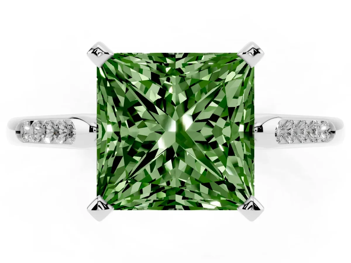 Fancy Green Princess Cut Diamond Solitaire Ring with Channel Set Round Band and Prong Setting Silver