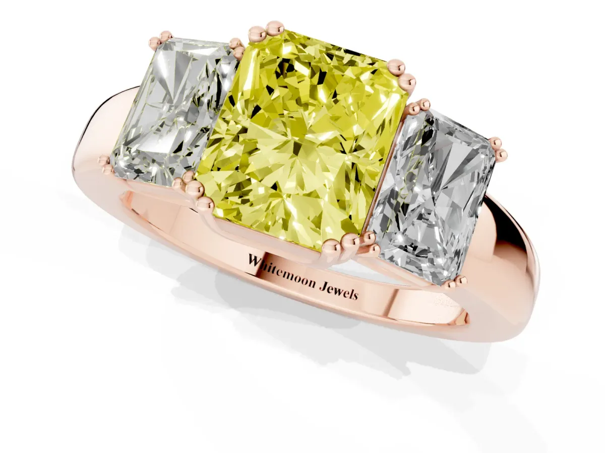 Fancy Yellow Three-Stone Radiant Cut Cut Diamond Ring with Channel Set Band and Four-Prong Setting Rose gold