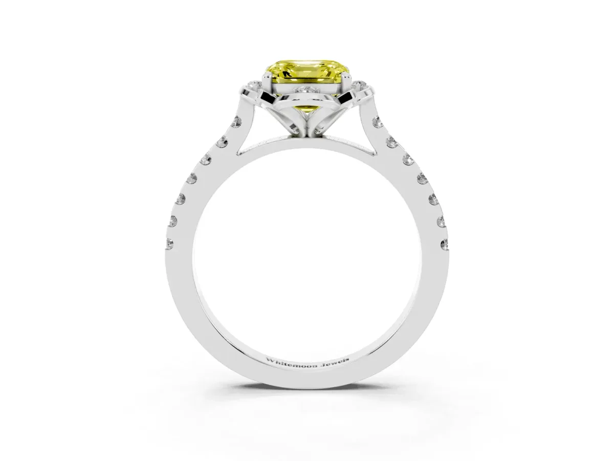 Fancy Yellow Asscher Cut Diamond Ring with Pavé Band and Floral Prong Setting Silver
