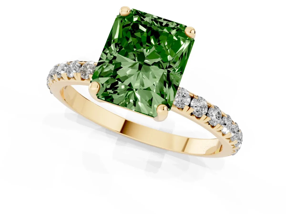 Fancy Green Radiant Cut Cut Diamond Solitaire Ring with Micro Pave Band and Four Prong Setting Yellow gold