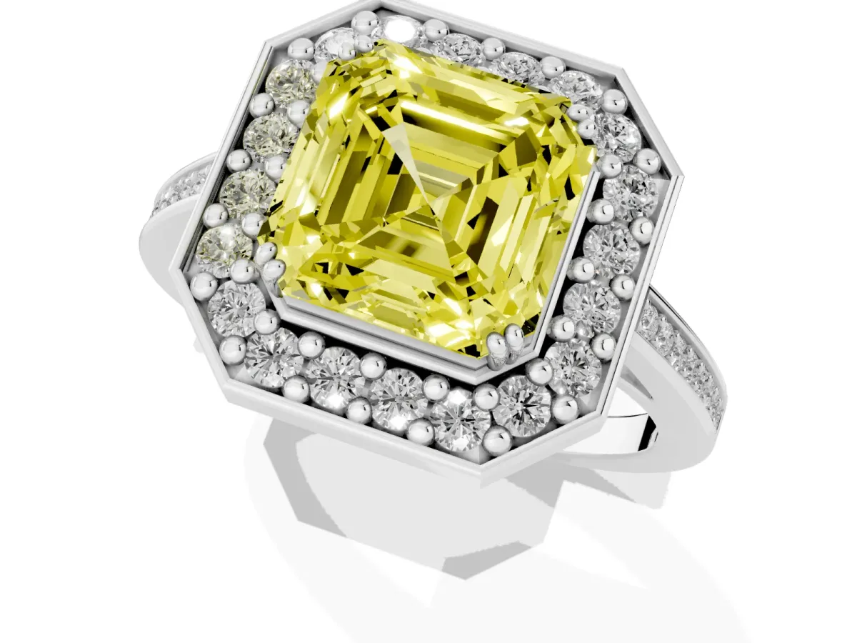 Fancy Yellow Asscher Cut Diamond Halo Ring with Split Shank and Four-Prong Setting Silver