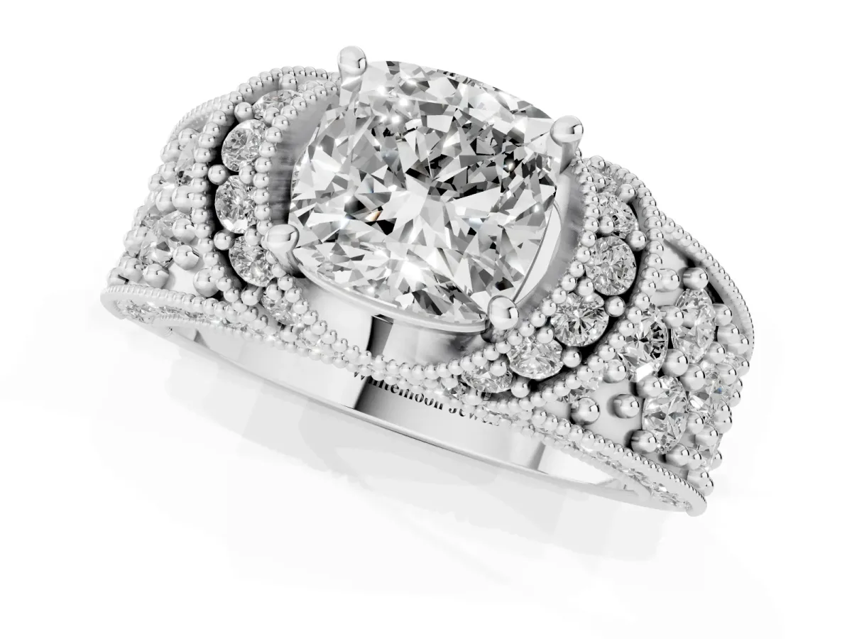 Cushion Cut Halo Pave Diamond Engagement Ring with Milgrain Detailing Silver