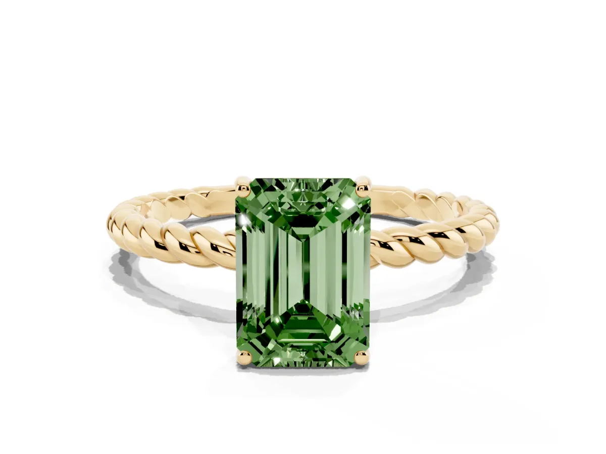 Fancy Green Emerald Cut Solitaire Twist Band Ring with Four-Prong Setting Yellow gold
