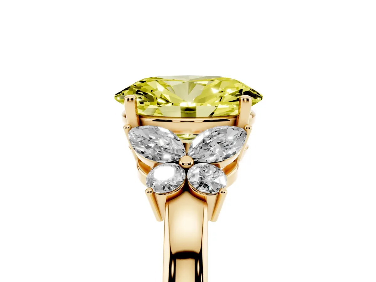 Fancy Yellow Oval Cut Cut Solitaire Floral Diamond Ring with Four-Prong Setting Yellow gold
