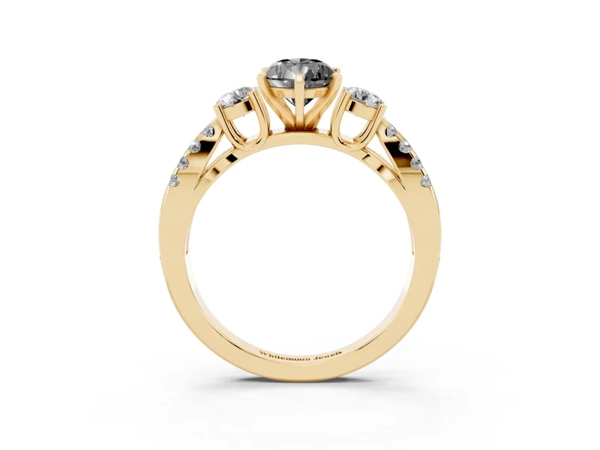 Fancy Black Pear Cut Diamond Three-Stone Ring with Pavé Split Shank and Four-Prong Setting Yellow gold