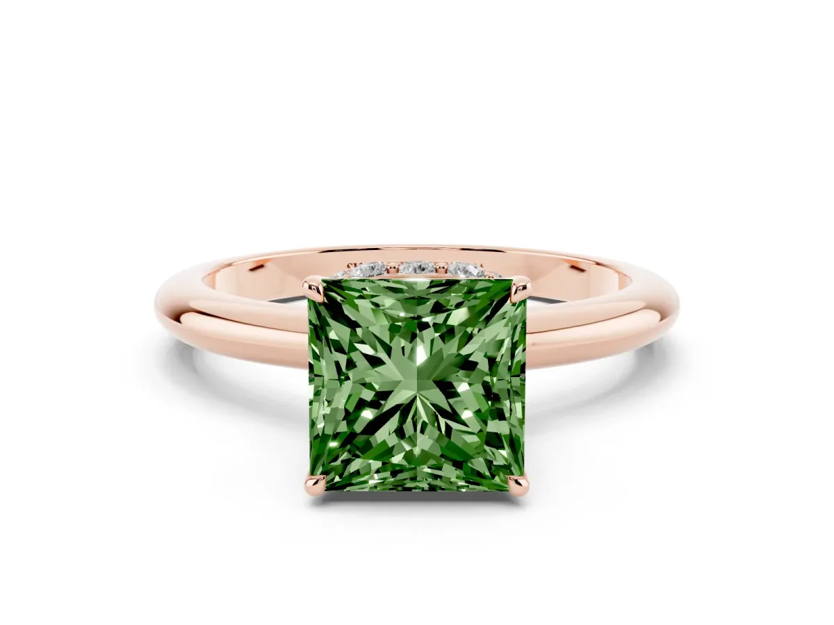 Fancy Green Princess Cut Brilliant Solitaire Engagement Ring with Six-Prong Setting and Classic Band Rose gold
