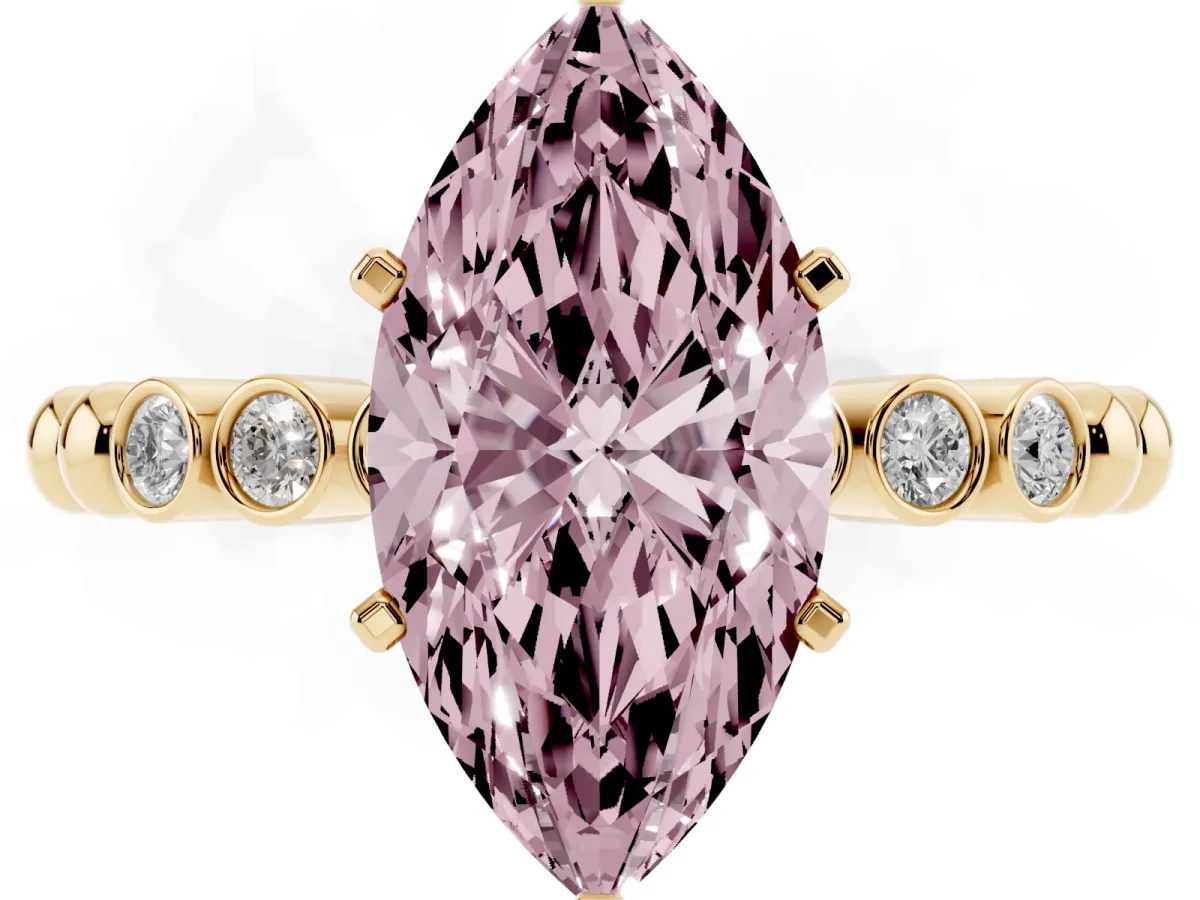 Fancy Pink Marquise Cut Solitaire Bezel Accent Diamond Engagement Ring with Beaded Band and Four-Prong Setting Yellow gold