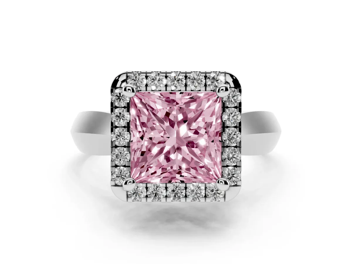 Fancy Pink Princess Cut Cut Halo Solitaire Engagement Ring with Square Band and Four-Prong Setting White gold