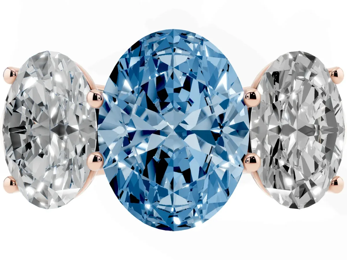 Fancy Blue Oval Cut Three-Stone Diamond Ring with Prong Setting on a Classic Band Rose gold