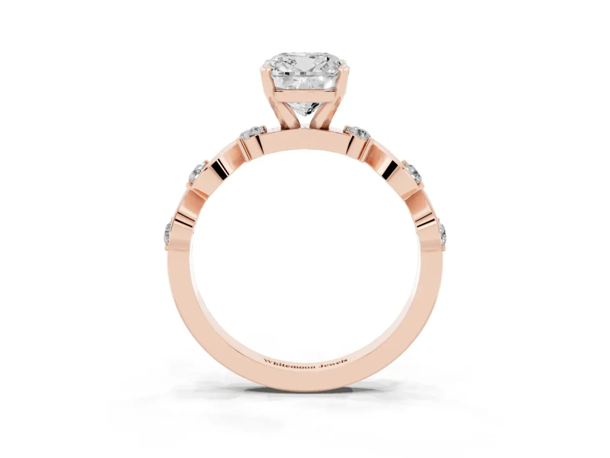 Cushion Cut Diamond Solitaire Twisted Band with Round Accents and Prong Setting Rose gold
