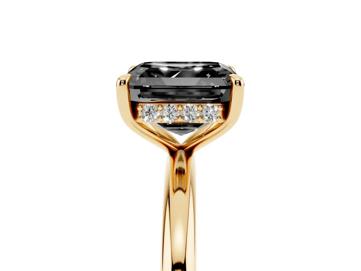 Fancy Black Asscher Cut Diamond Solitaire Ring with Thin Band and Four-Prong Setting Yellow gold