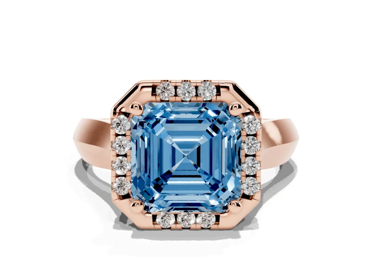 Fancy Blue Asscher Cut Cut Halo Solitaire Engagement Ring with Square Band and Four-Prong Setting Rose gold
