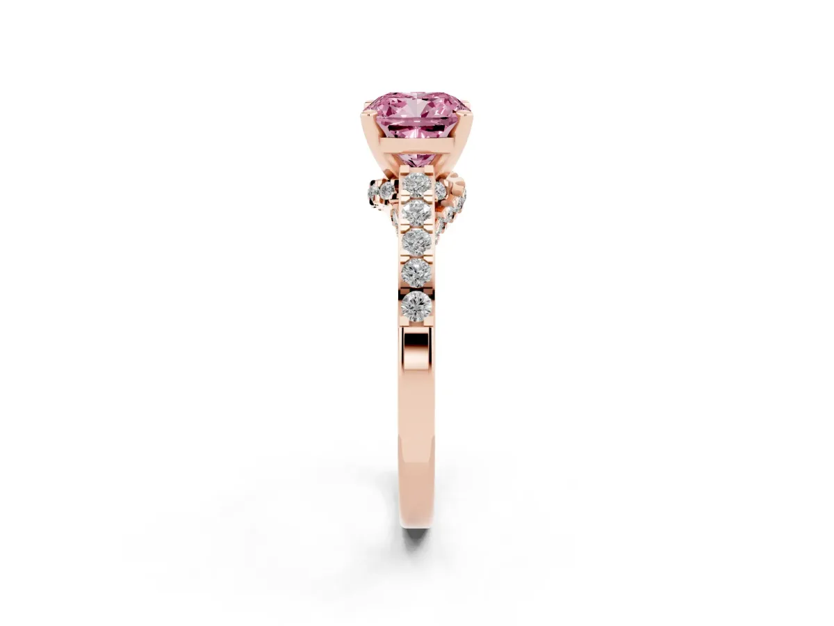 Fancy Pink Cushion Cut Diamond Solitaire Ring with Crossover Gallery and Round Pavé Band Rose gold