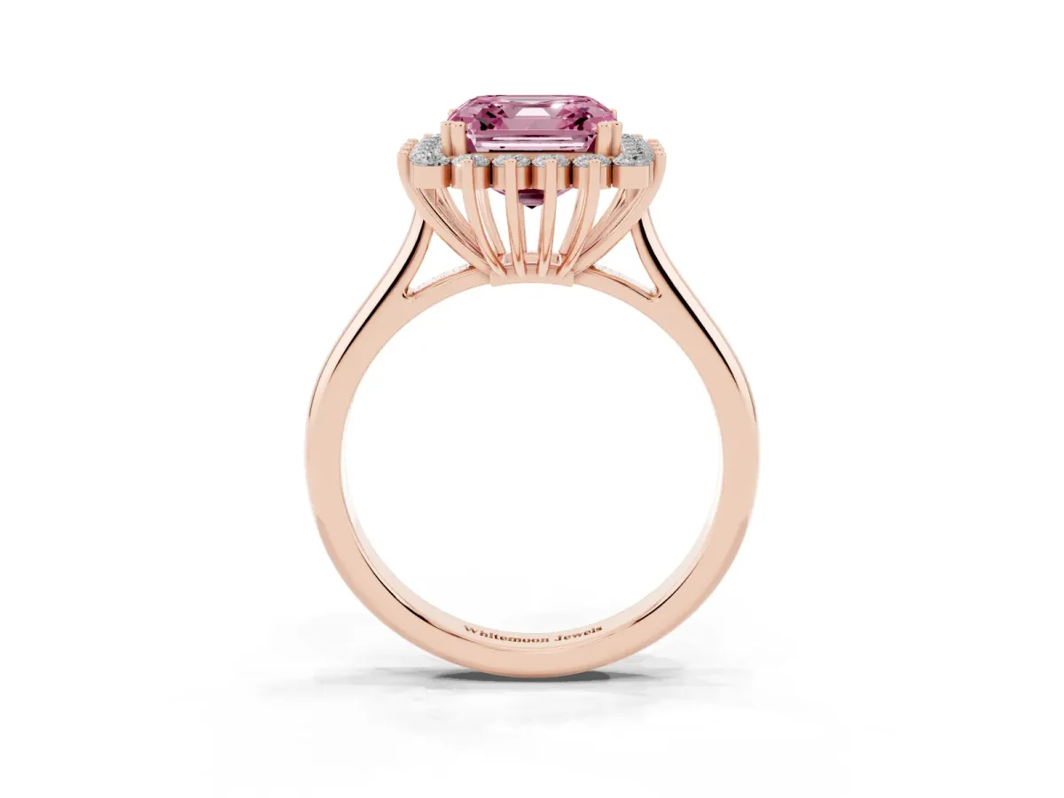 Fancy Pink Asscher Cut Cut Diamond Halo Ring with Solitaire Band and Prong Setting Rose gold