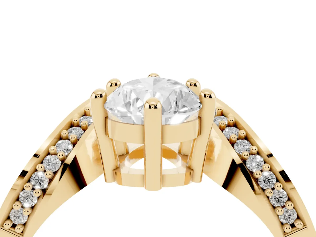 Pear Cut Solitaire Diamond Engagement Ring with Pave Band and Four-Prong Setting Yellow gold