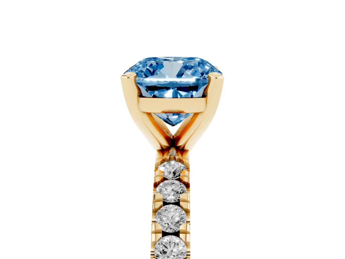 Fancy Blue Cushion Cut Diamond Pavé Band Solitaire with Four-Prong Setting Yellow gold
