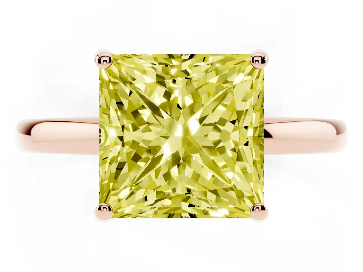Fancy Yellow Princess Cut Solitaire Diamond Ring with Prong Setting and Plain Band Rose gold