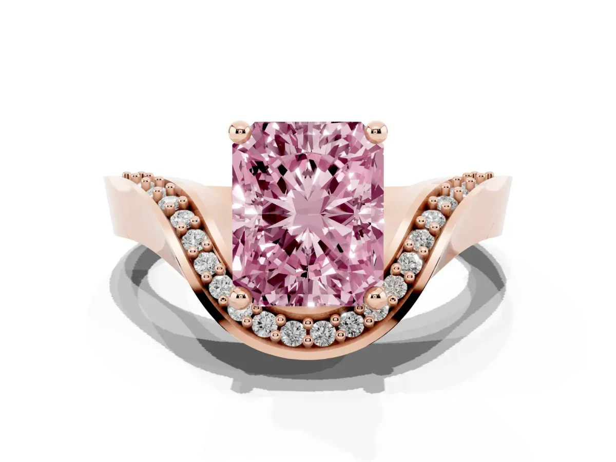 Fancy Pink Radiant Cut Solitaire Diamond Engagement Ring with Pave Band and Four-Prong Setting Rose gold