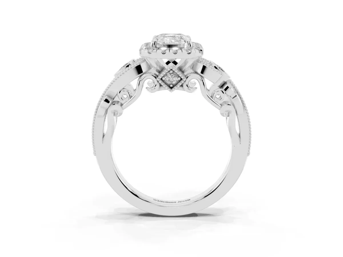 Emerald Cut Halo Diamond Ring with Milgrain and Bezel Accents on a Split Shank Band Silver