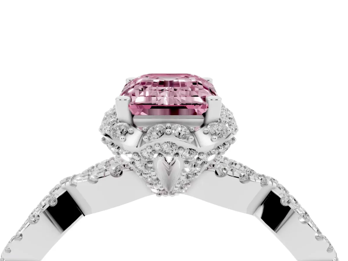 Fancy Pink Emerald Cut Halo Twist Band Solitaire Ring with Six-Prong Setting Silver